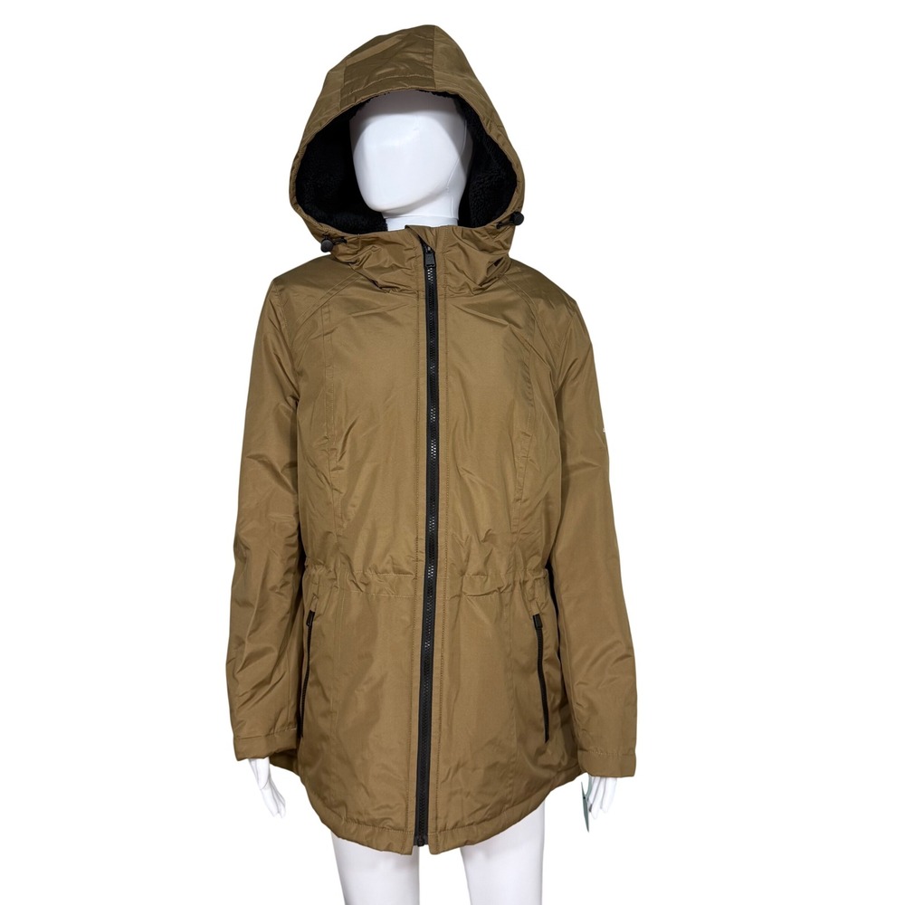 London Fog Womens Sherpa Lined Hooded Parka Jacket Tan Khaki Small New